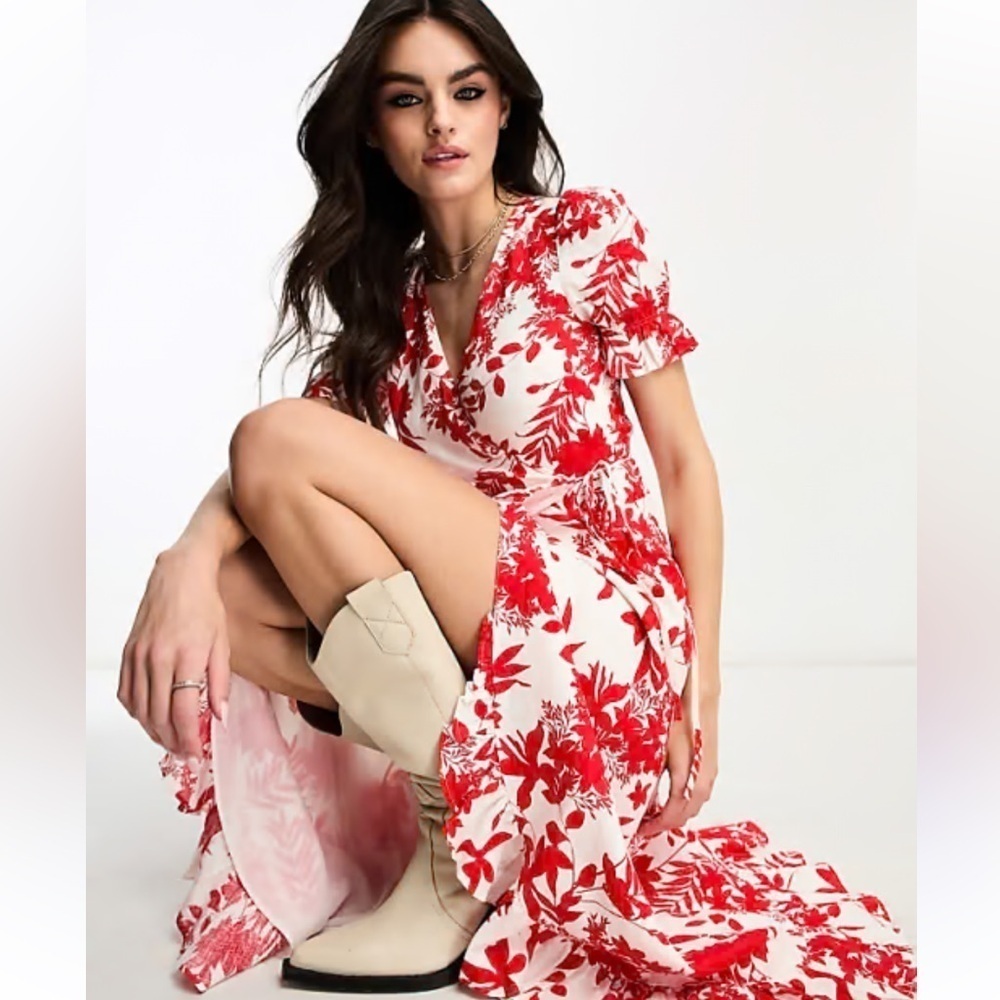 Anthropologie & Other Stories Red Floral Linen Wrap Dress NWOT